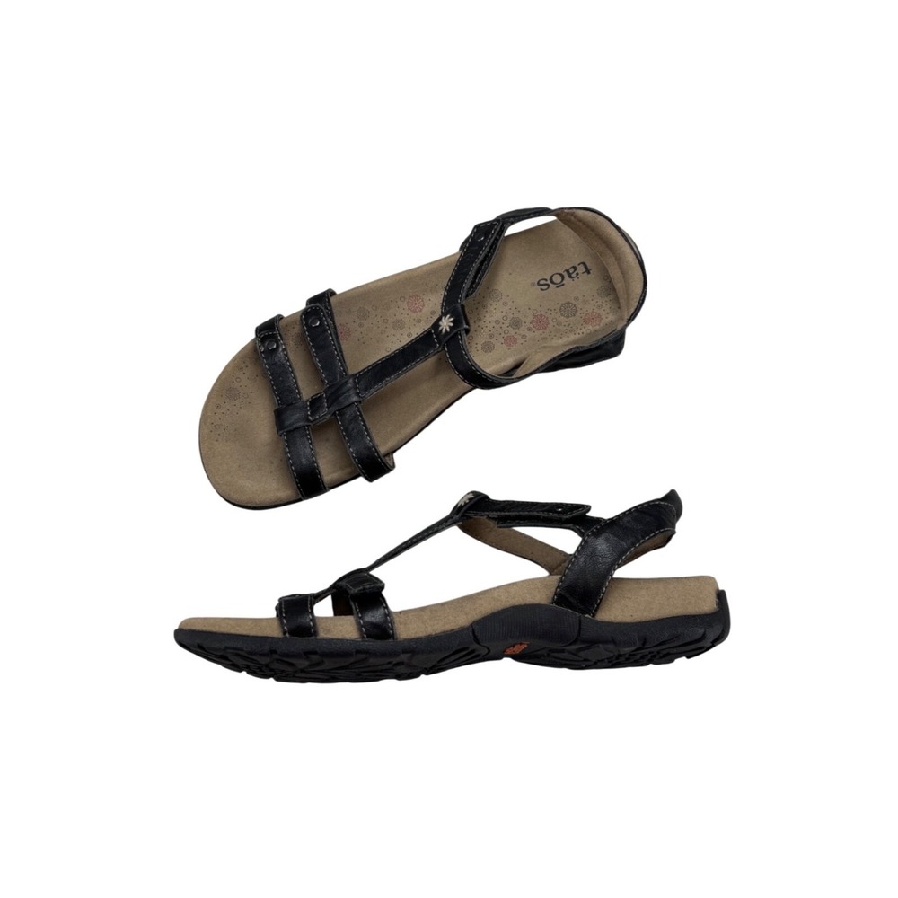 Taos Footwear Trophy Sandals Black Leather Strappy Adjustable T-Strap Women's 7